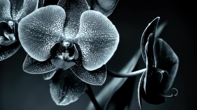 Close-up of elegant, spotted orchids in dark monochrome against a deep, blurred background
