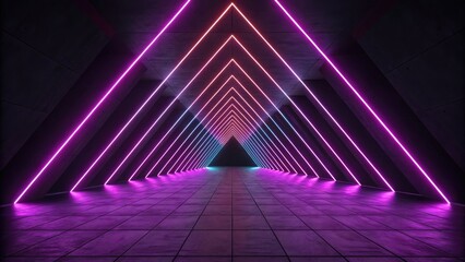Abstract neon triangle tunnel with glowing lines, creating futuristic and immersive experience