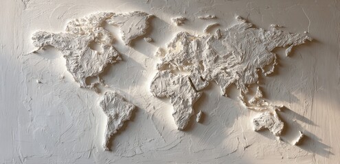 A textured relief sculpture of the world map, with raised continents and shadows, in a white surface