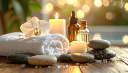 Spa scene orchid, candles, oils, stones, and towel, on a wood surface