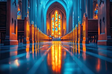 Church interior with stained glass reflected in polished floor
