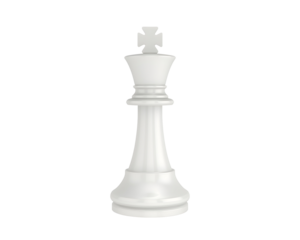 A sleek and modern white king chess piece standing tall on a simple presentation