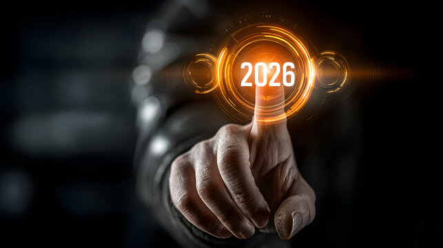 Finger Touching a Glowing Holographic Button to Start the New Year 2026 on an Interface