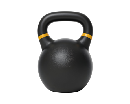 A solitary cast iron kettlebell on display for strength training and fitness marketing