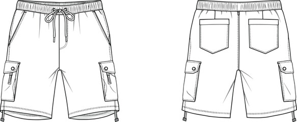 Cargo shorts flat sketch, elastic waistband design, drawstring hem, fashion technical drawing, CAD garment vector, apparel template, clothing illustration, menswear
