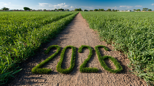 Year 2026 Made of Green Grass on a Rural Path leading to a Village in the Countryside