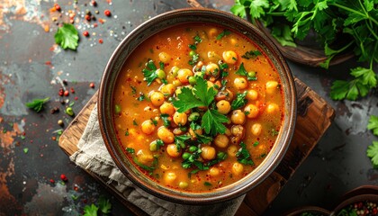 Chickpea stew in a ceramic bowl with parsley garnish