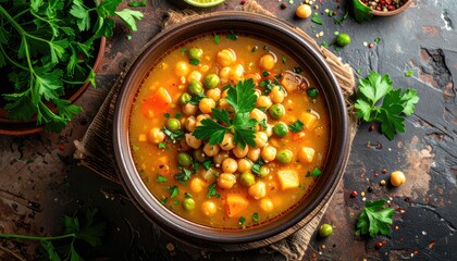 Delicious chickpea soup with peas, herbs, carrots in a bowl, on a dark surface