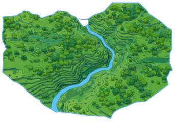 Topographic aerial view of a lush green heart shaped valley with a winding river isolated on transparent background