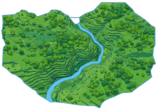 Topographic aerial view of a lush green heart shaped valley with a winding river isolated on transparent background