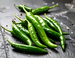 Fresh green chili peppers clustered on a dark stone surface, scattered pepper and salt