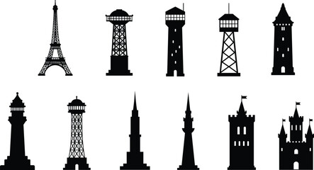 Eiffel Tower silhouette, observation towers, lighthouses, castle towers, medieval fortresses, architectural landmarks, urban icons, heritage structures, architectural silhouettes, design elements © fmfahim creatives