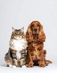 Cat & dog duo pose together against white backdrop, looking ahead