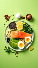 Healthy plate with salmon, eggs, avocado, and vegetables on a green background