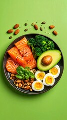 Healthy Salmon bowl with avocado, broccoli, eggs, almonds on green