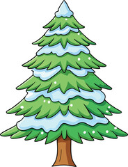 A charming cartoon illustration of a snow covered evergreen tree with a brown trunk
