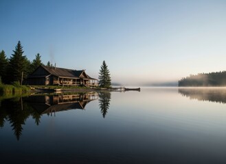 Fototapeta premium traditional wooden longhouse on shore of serene lake at sunrise. soft morning light and gentle mist create quiet, contemplative mood. nature retreat and travel concept.