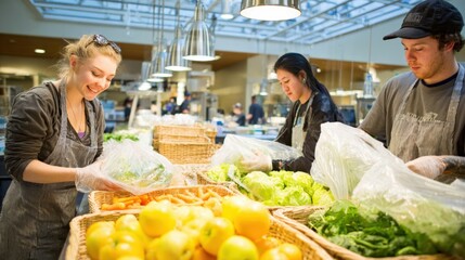 Dining hall employees unpacking fresh produce from local farms to support sustainable sourcing and reduce carbon footprint