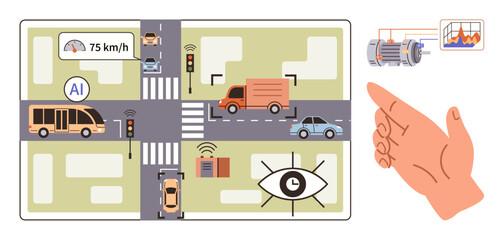 City street crossing with vehicles, AI speed monitoring, signal systems, camera surveillance, data analysis. Ideal for transport optimization, AI tech, safety awareness, smart cities IoT