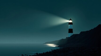 lighthouse shining at night on rocky coast, symbol of guidance and safety, minimalistic
