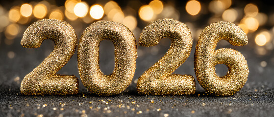 Shiny Gold Glitter 2026 New Year Number on a Dark Surface with a Festive Bokeh Background
