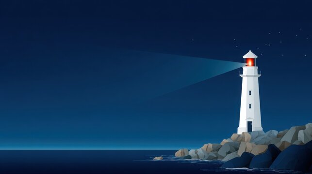 lighthouse shining at night on rocky coast, symbol of guidance and safety, minimalistic