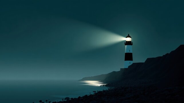 lighthouse shining at night on rocky coast, symbol of guidance and safety, minimalistic