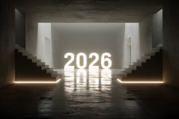 Luminous 2026 New Year Sign in a Modern Concrete Hall with Staircase and Reflective Floor