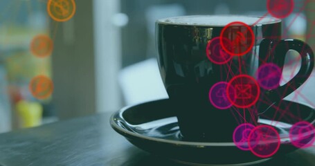 camera zooming toward cup and saucer on table, magenta web growing and pulsing showing connectivity - Powered by Adobe