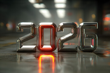 Chrome Metal 2026 Number with a Red Neon Glow on a Wet City Street Pavement