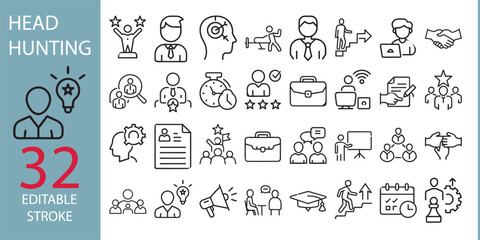 Headhunting icon set. Containing recruitment, employment, hiring, job, career, resume, work group, candidate, HR, business and more. Editable line icons. Vector illustration.