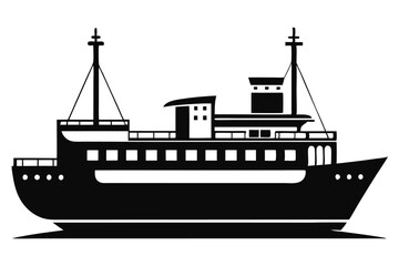 Obraz premium Black Silhouette Illustration of a Passenger Ferry with Two Masts and Multiple Windows