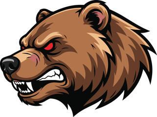 Aggressive bear head mascot logo, fierce wild animal illustration, angry predator face, sports team emblem, roaring beast design, cad drawing flat vector illustration