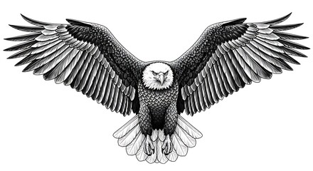 Obraz premium Detailed sketch of a majestic bald eagle with wings spread wide isolated on white background
