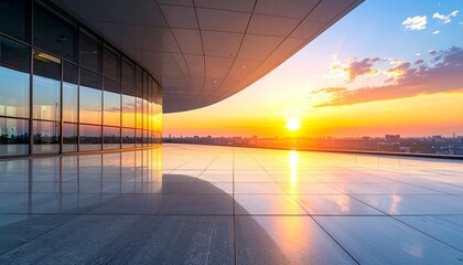 Obraz premium Modern building terrace with stunning sunset views over the city skyline.