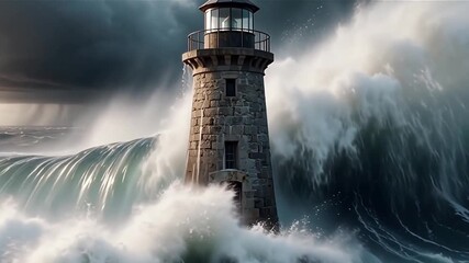 Beacon of Resilience: A weathered lighthouse stands steadfast against the raw power of a surging ocean, its sturdy form a testament to resilience amidst the tempest.