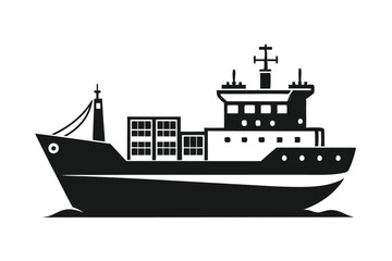 Obraz premium Silhouette illustration of a cargo ship with containers and distinctive super structure on the water