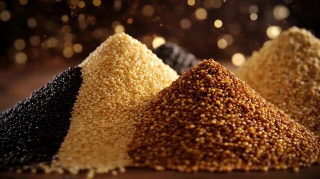 Close-up of small, multi-colored grain piles black, beige, brown, with bokeh backdrop