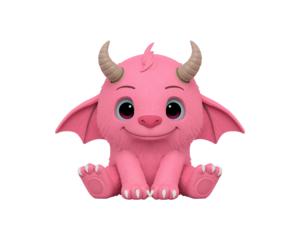 Adorable pink cartoon monster with small horns and wings sits attentively on the floor