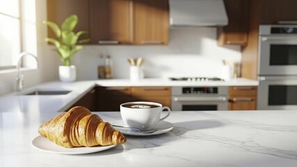 A croissant and a steaming cup of coffee sit on a white marble countertop in a sunlit modern kitchen with wooden cabinets - Powered by Adobe
