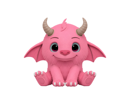 Adorable pink cartoon monster with small horns and wings sits attentively on the floor