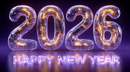 Happy New Year Greeting with a 2026 Glass Balloon Filled with Glowing Light String