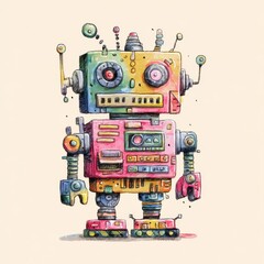Fototapeta premium Colorful Watercolor Robot Illustration with Detailed Mechanical Design and Artistic Flair.