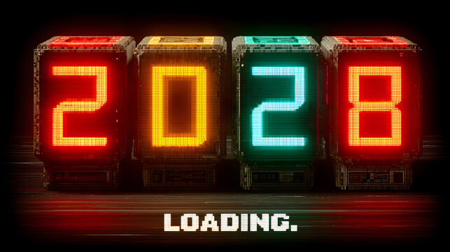 Digital Display Panel Showing Future Year 2028 with Loading Progress Bar and Retro Technology Vibe