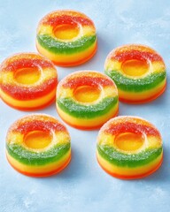 Jelly candies, donut shapes, rainbow layered, sugared