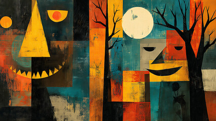 abstract Halloween painting in cubist and surrealist style
