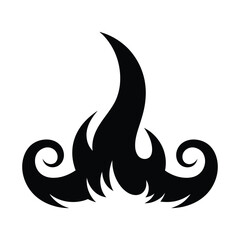 A stylized black flame with curls is displayed
