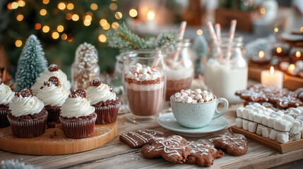 A delightful, cozy holiday table spread featuring decadent chocolate cupcakes with white frosting, mugs of hot chocolate topped with marshmallows, gingerbread cookies, and milk in glass jars.