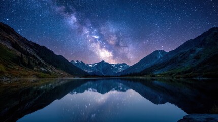 majestic night sky over mountain range, millions of stars and Milky Way reflected in calm lake, soft moonlight on peaks, ultra realistic, cinematic