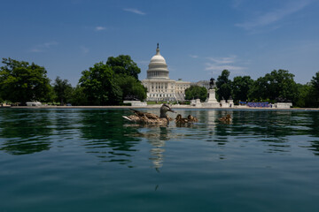 Fototapeta premium Capitol in Washington, DC. Capitol across the reflecting pool. Washington D.C. landmarks with Capitol and reflecting pond. The U.S. Capitol under blue skies. Congress building in DC.